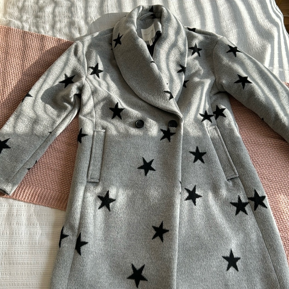 Avec Les Filles Gray Star Print Double-Breasted Wool Coat